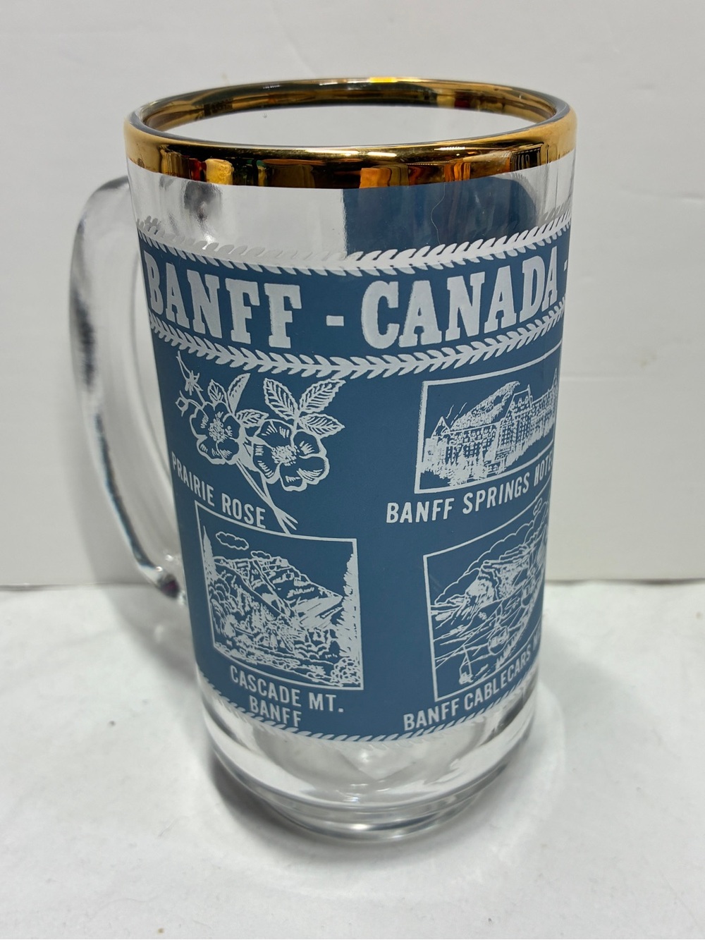 Vintage Banff Canada Blue Glass Beer Stein with Gold Rim